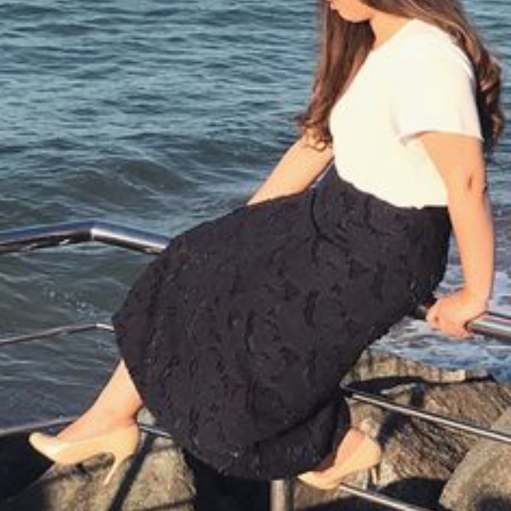 H&M Navy Blue Floral Lace Circle Midi Skirt